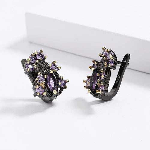 Load image 1 in gallery view. Vintage Unique Twig Black Plated Hollow Purple Zircon Antique Earrings for Women