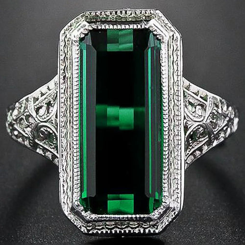 Load image 1 in gallery view. Rectangle Shaped Princess Cut Green Crystal Pattern Hollow Zircon Rings for Women