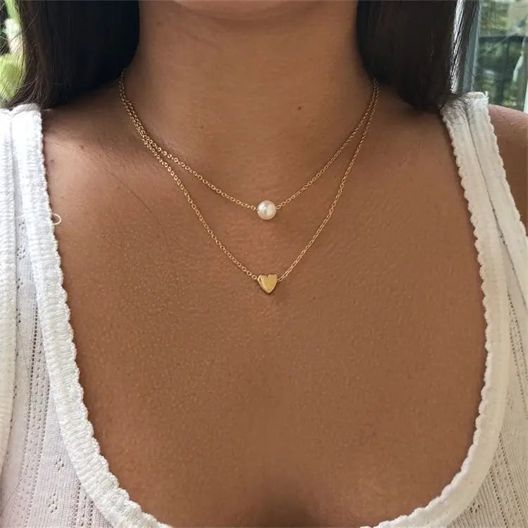 18K Gold Silver Plated Layer Heart Pearl CZ Chain