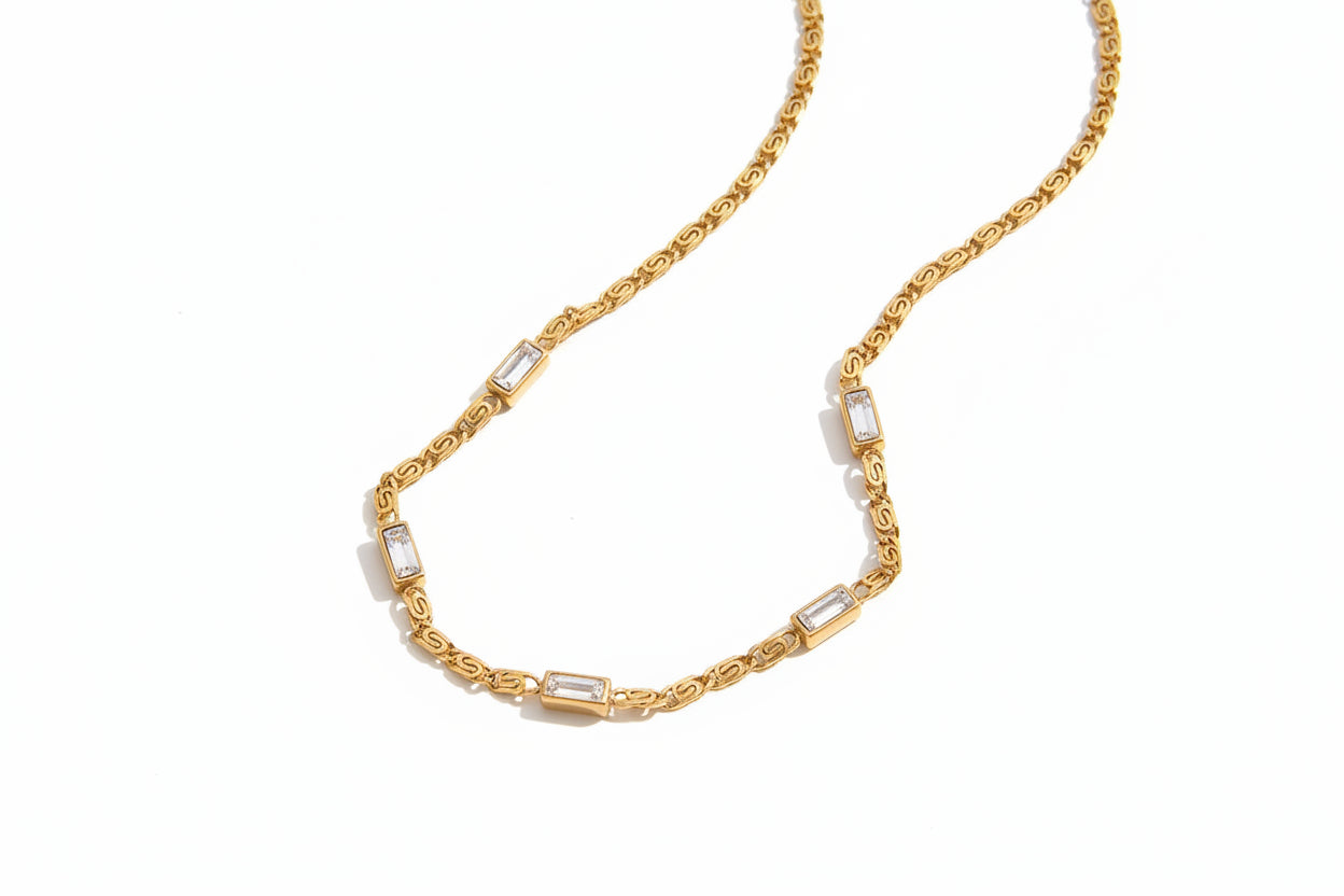 18k Gold Plated Stainless Steel Necklace with White Zircon Tassel Pendant