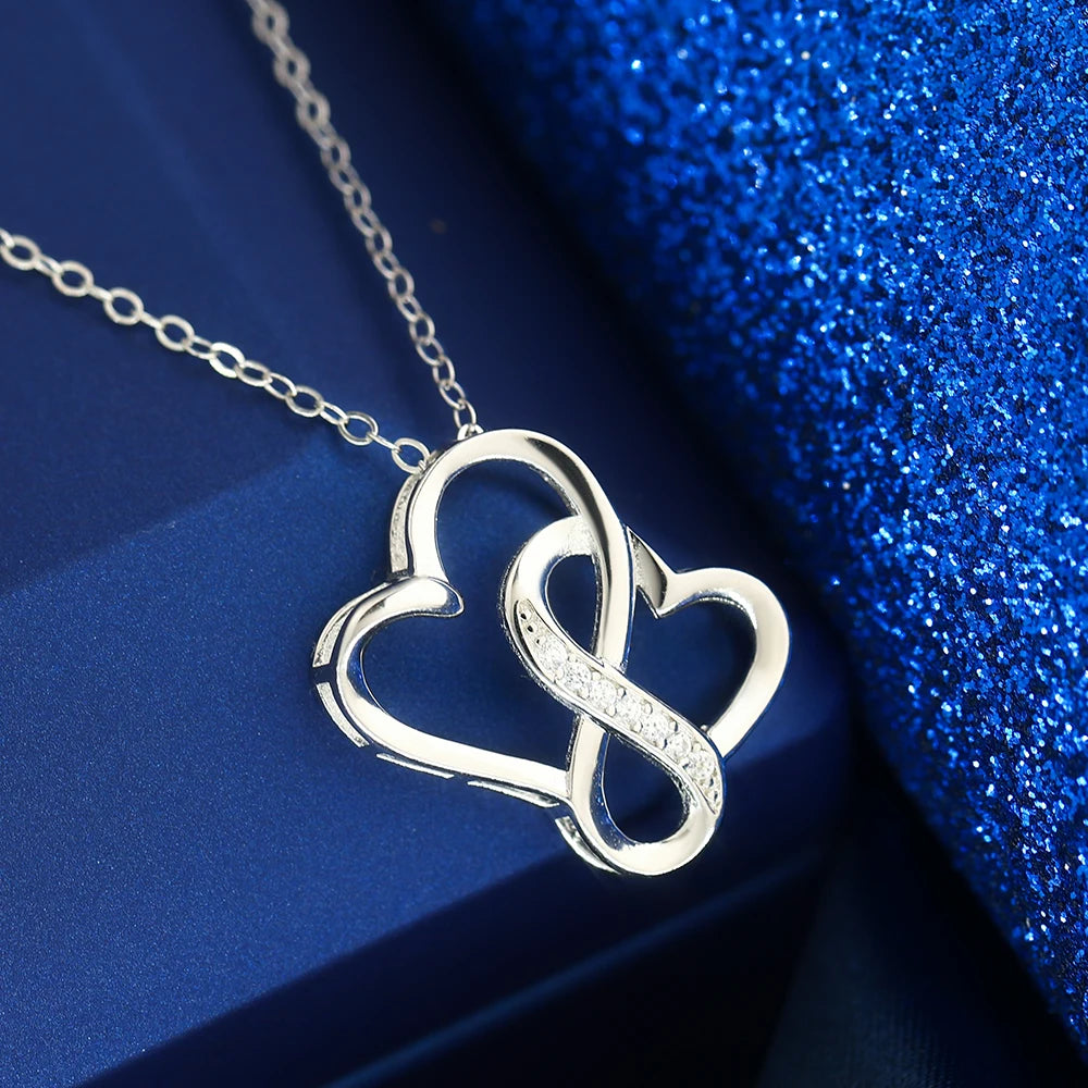 Charm Love Silver Color Inlaid Zircon Heart Necklace Interwoven | Double Heart Pendant Clavicle Chain | Infinity Heart Necklace | Necklace for Valentine’s Day, Anniversary &amp; Everyday Wear