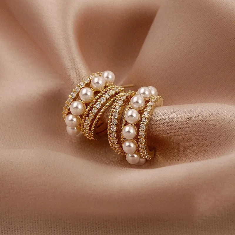 Earrings Diamond C-shaped Gold Plated Cuff Pearl Stud Earrings