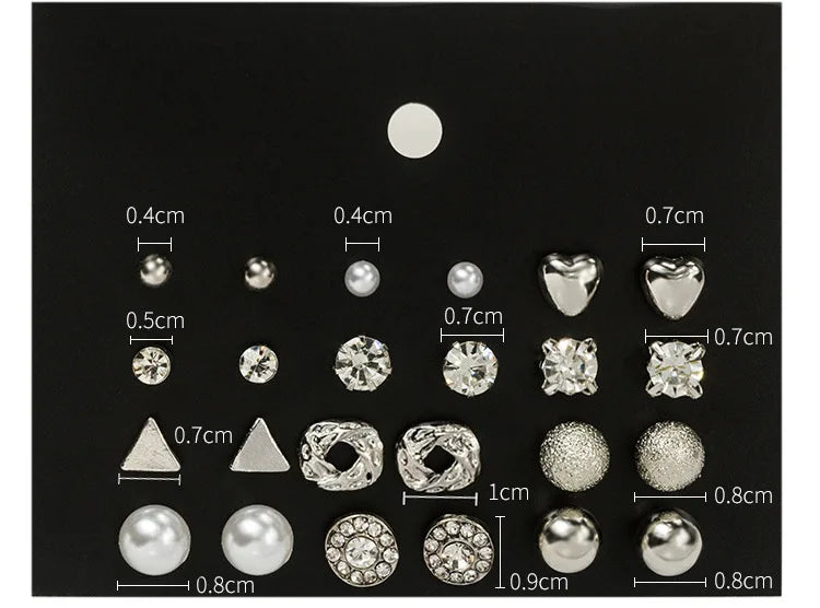 12 Pairs Earring Set Square Crystal Heart Stud Earrings Jewelry Sets for Women Piercing Simulated Pearl Flower Earring, Silver Plated, Gold Plated