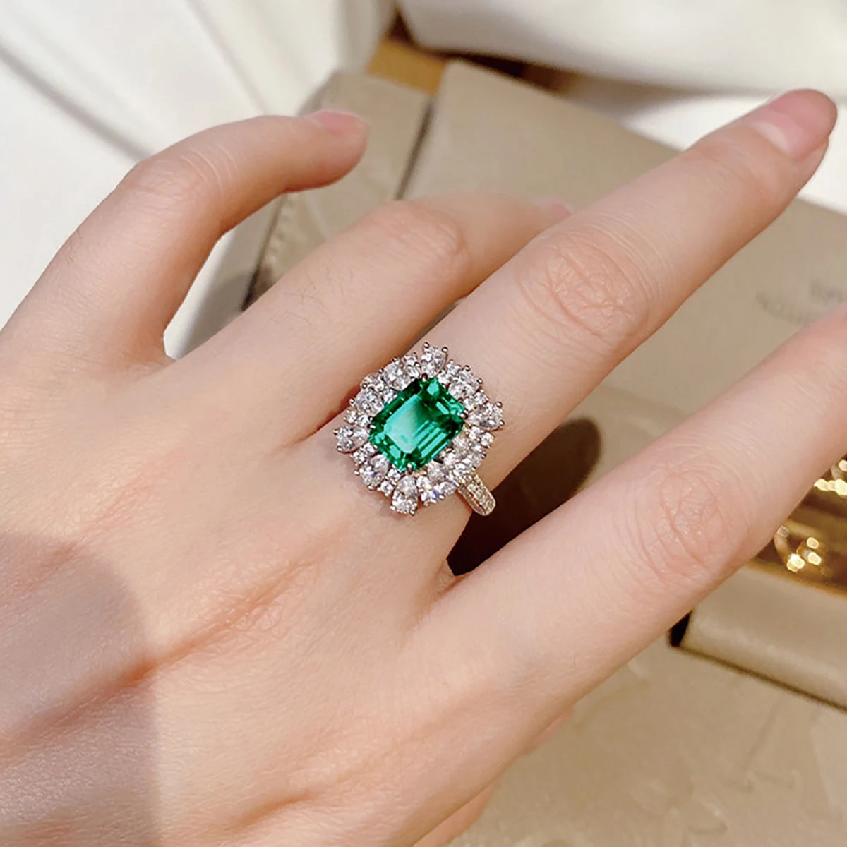 Silver Cubic Zirconia Flower Ring, Geometric Design Green & White Crystal Ring