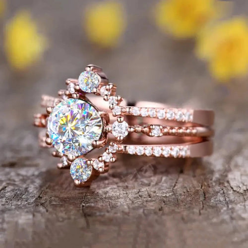 Load image 1 in gallery view. Crown Design Round Dazzling Zircon Rings for Bridal Wedding Rose Gold Color Plated Rings for Women