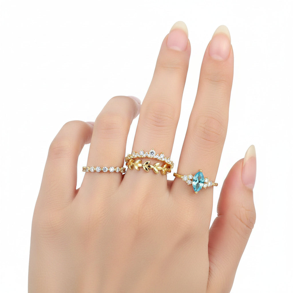 4Pcs Set Blue Crystal Zircon Gold Plated Rings