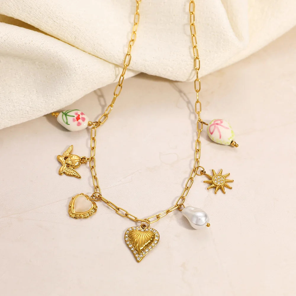 18K Gold Plated Stainless Steel Flower Heart Baroque Charm Pendant  Drop Necklace