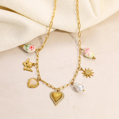 Load image 1 in gallery view. 18K Gold Plated Stainless Steel Flower Heart Baroque Charm Pendant  Drop Necklace