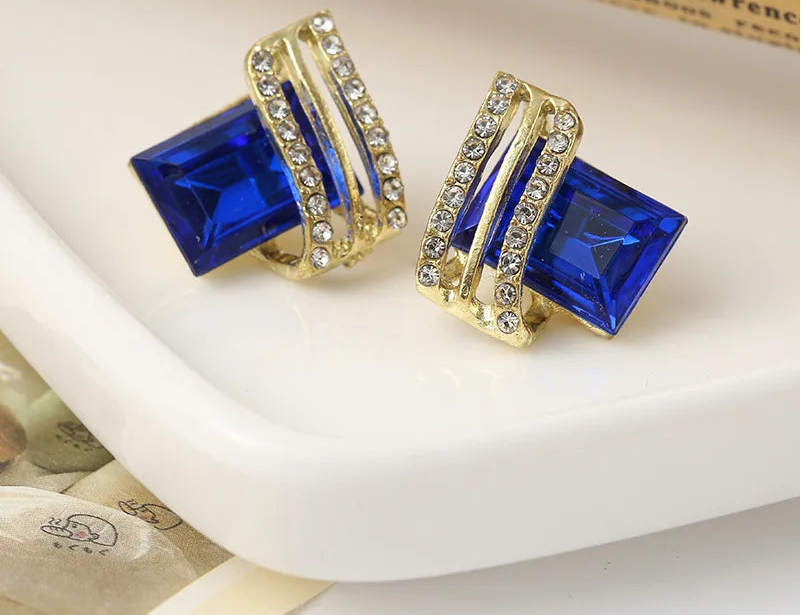 14K Gold Plated High Grade Earrings Crystal Earrings, Black, Blue, Red, Green