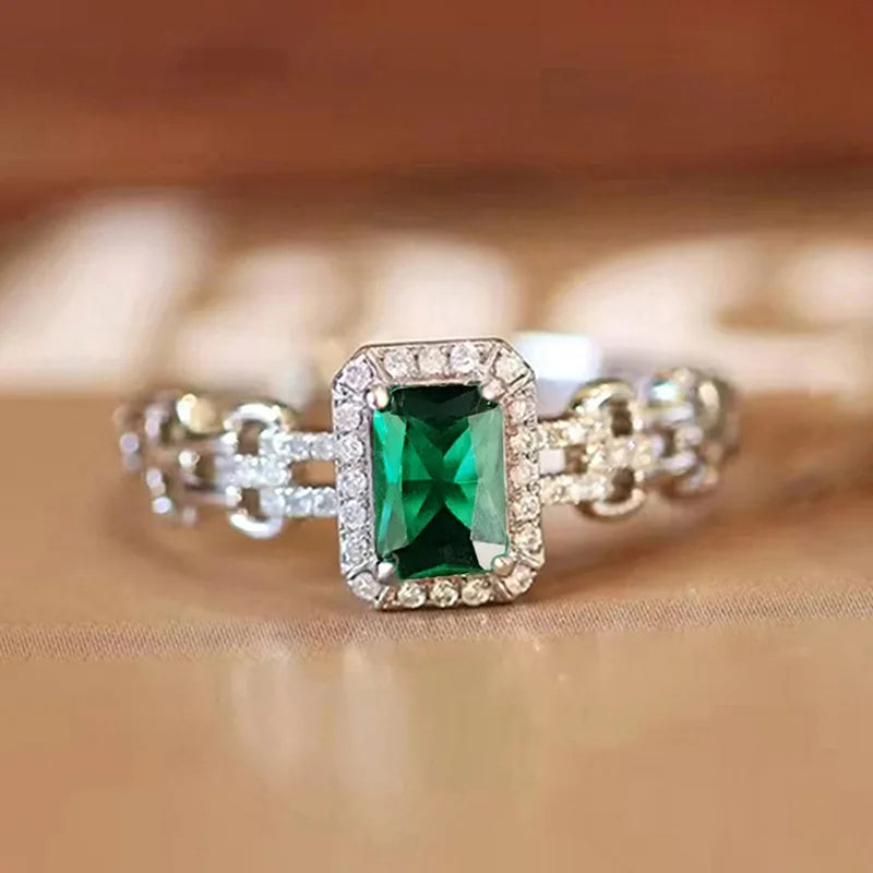 Silver Plated Zircon Green Crystal Rings for Engagement Wedding for Women