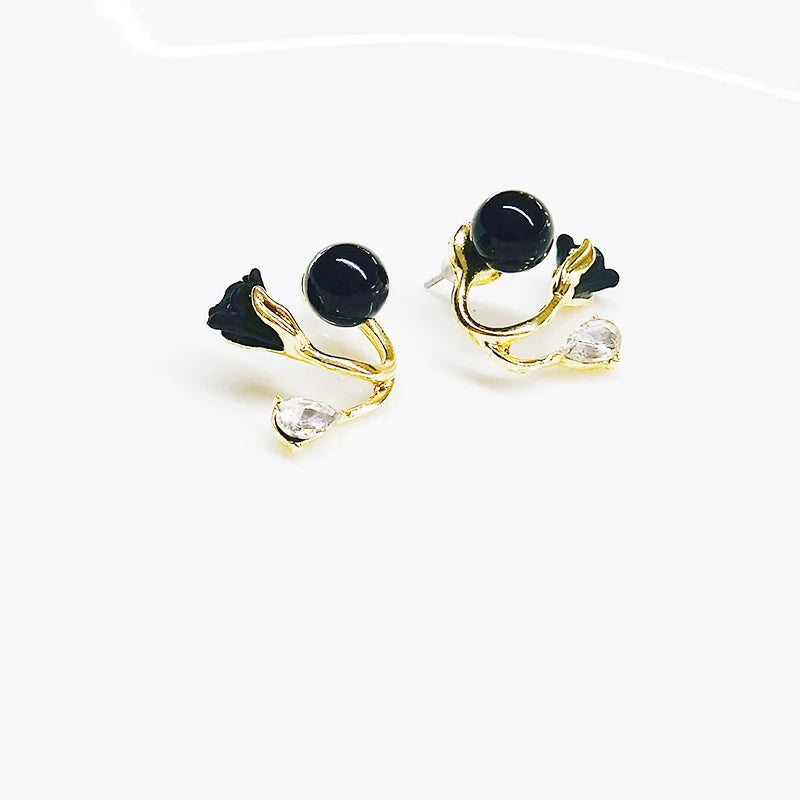 Gold Plated Diamond Earrings Crystal Ginkgo Red Flower Pearl Tulip Stud Earrings