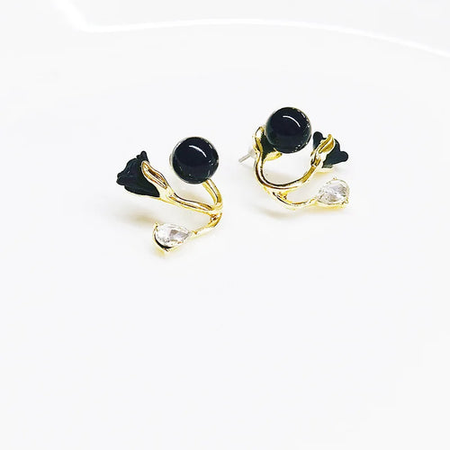 Load image 1 in gallery view. Gold Plated Diamond Earrings Crystal Ginkgo Red Flower Pearl Tulip Stud Earrings