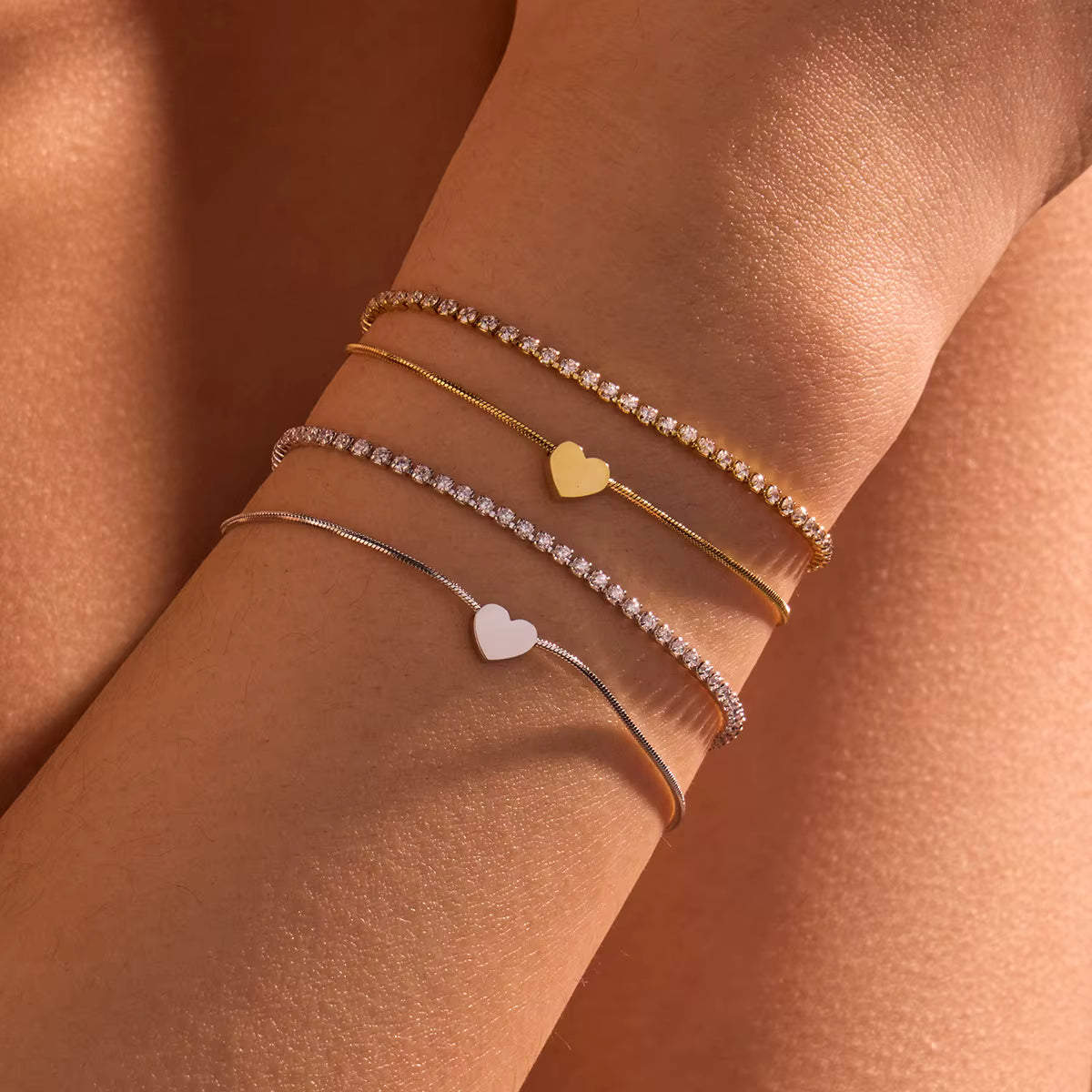 18K Gold Plated Heart Zircon Charm Bracelet Girls Tennis Bracelet Stainless Steel