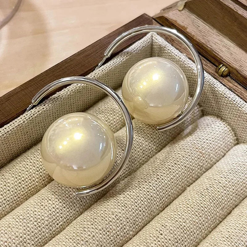 C-Shaped Pearl Earrings for Women Girls, Silver Plated, Gold Plated
