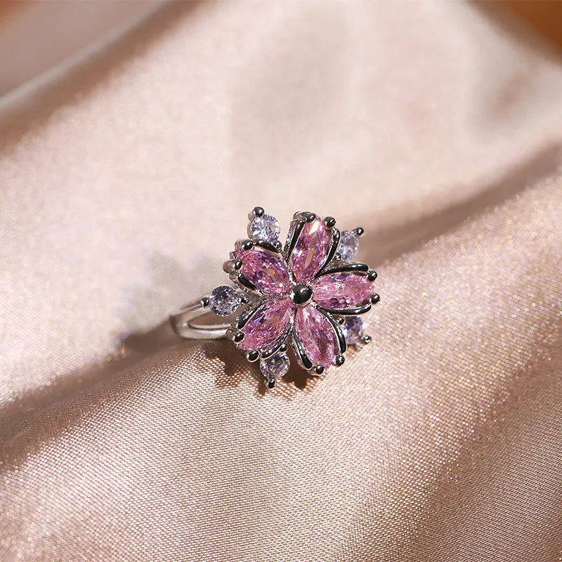 Pink Zircon Flower Shape Necklaces Set For Women Platinum Plated