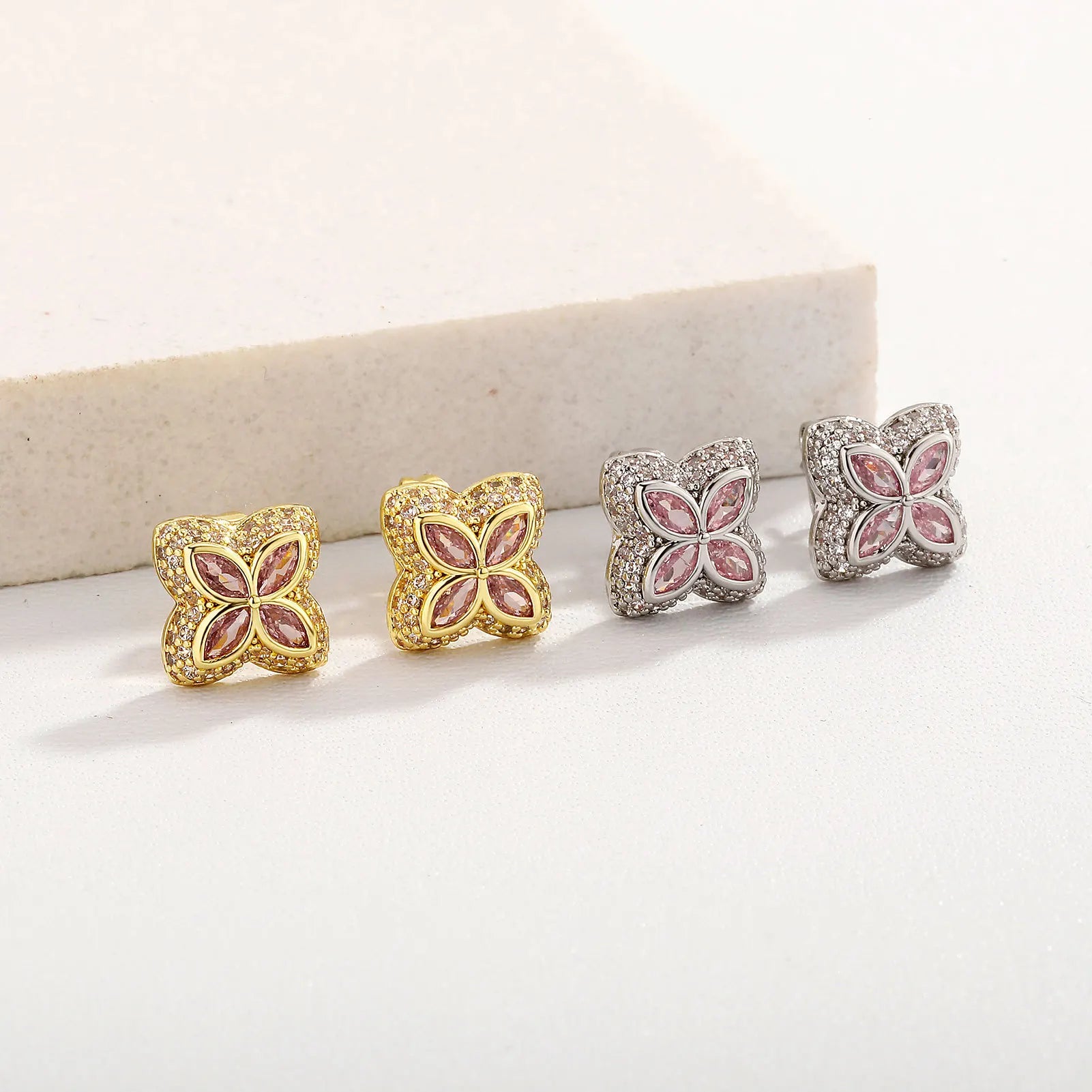 Clover Stud Earrings Iced Out ZIRCON Pink White Green Black