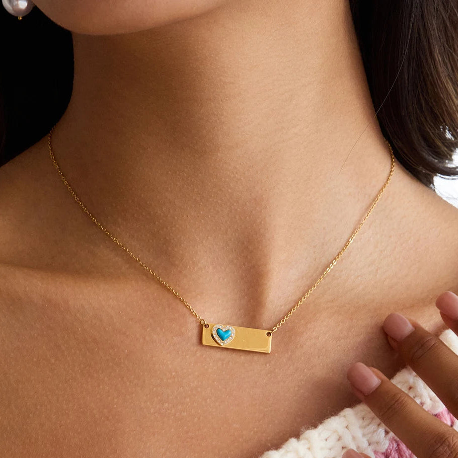18K Gold Plated Classic White Rhinestone Blue Turquoise Heart Pendant Necklace