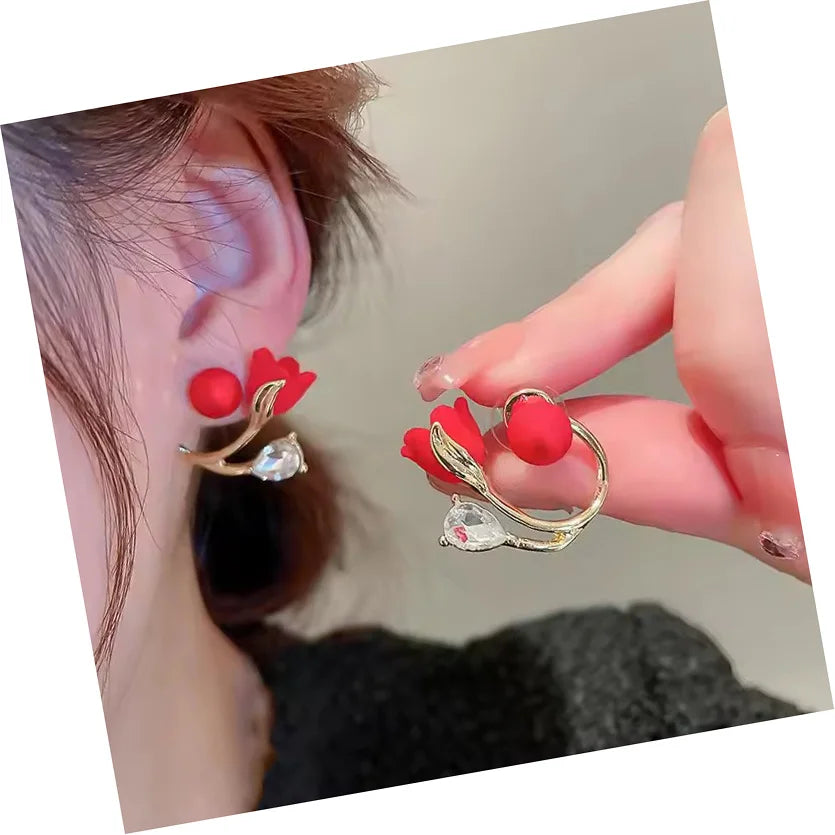 Gold Plated Diamond Earrings Crystal Ginkgo Red Flower Pearl Tulip Stud Earrings