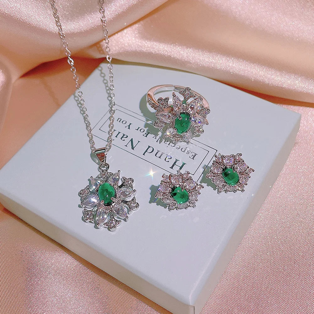 Flower Shape Green Zircon Platinum Plated Trendy Bridal Jewelry Set