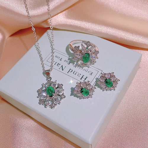 Load image 1 in gallery view. Flower Shape Green Zircon Platinum Plated Trendy Bridal Jewelry Set