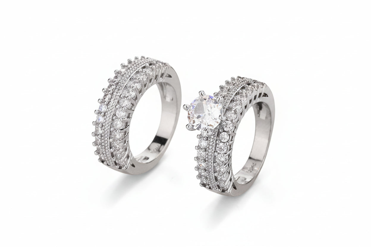 Platinum Plated Two-piece Ring with CZ for Wedding Gift