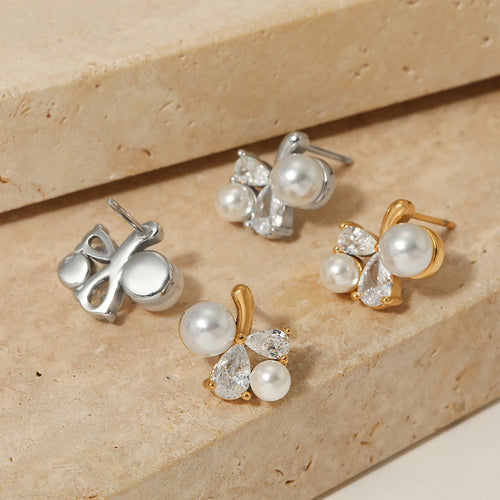 Load image 1 in gallery view. Gold and Silver Plated Pearl Zircon Minimalist Hypoallergenic Waterproof Stud Earrings