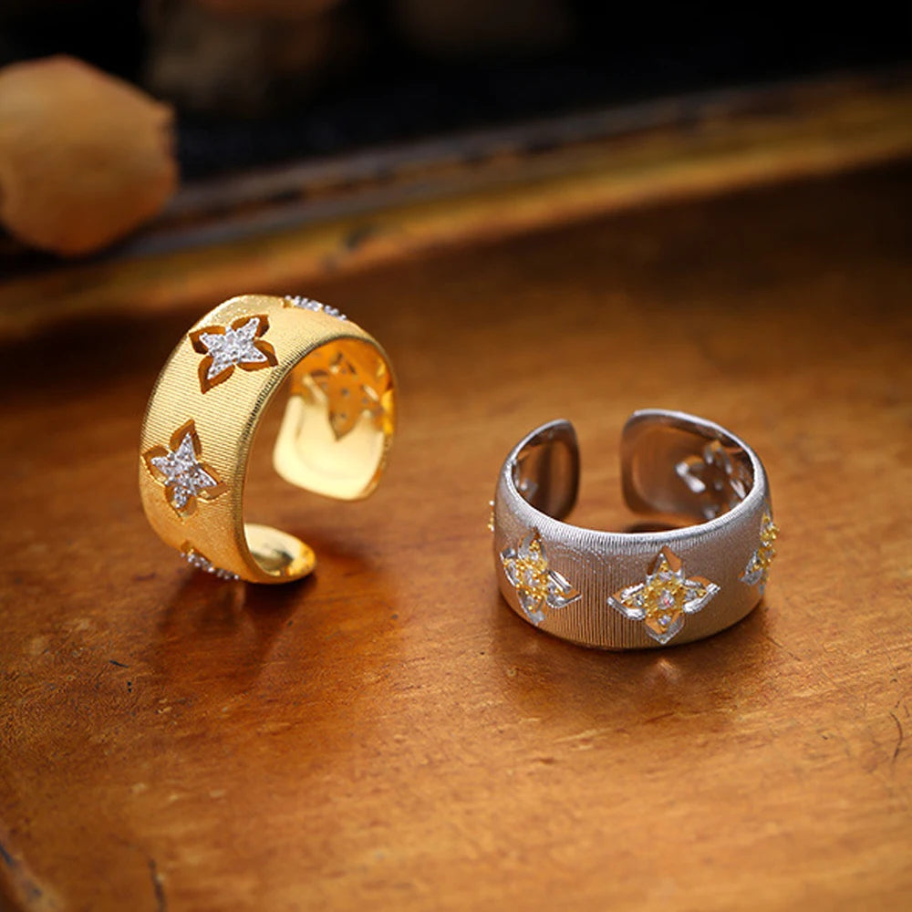 18K Gold Plated Clover Ring – Zircon Open Band, Adjustable