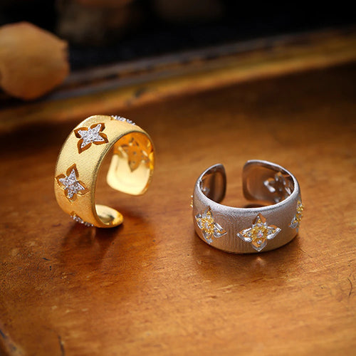 Load image 1 in gallery view. 18K Gold Plated Clover Ring – Zircon Open Band, Adjustable