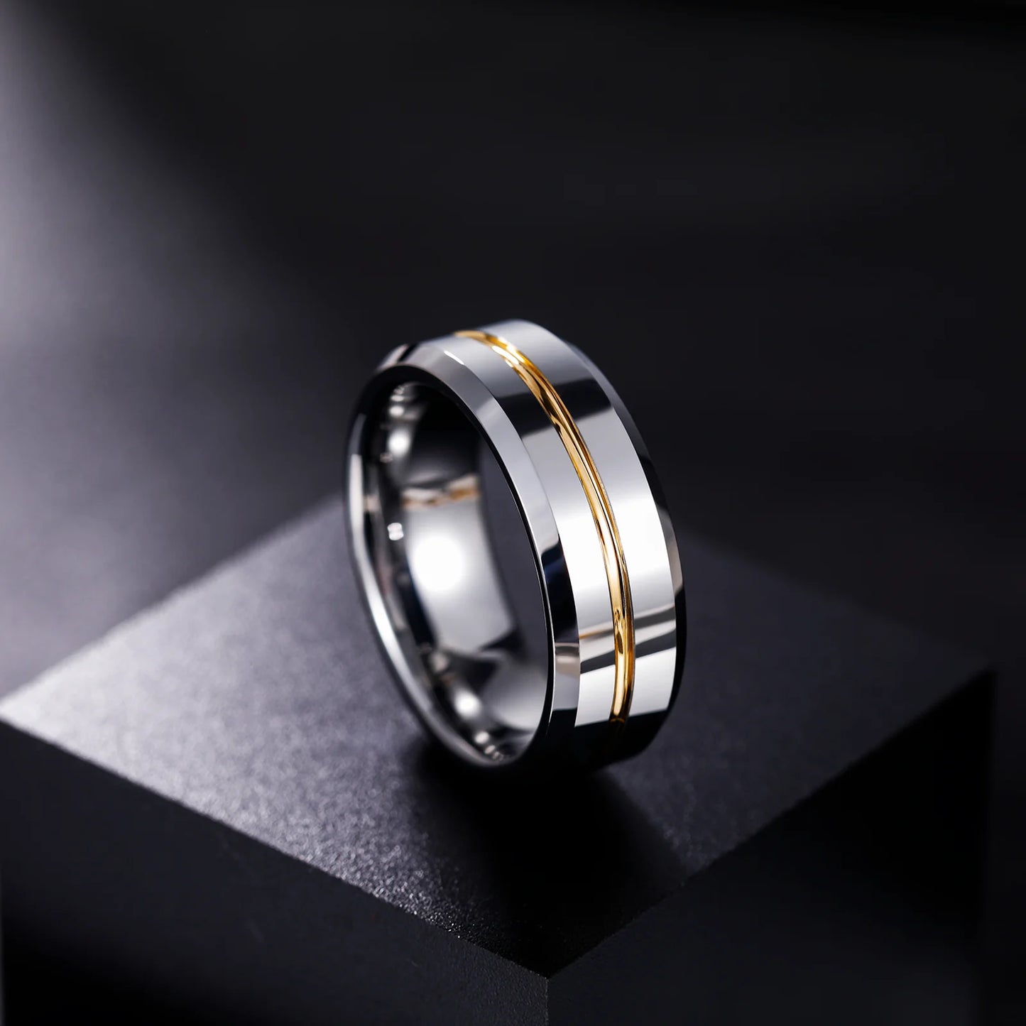 24K Gold Plated 8mm Wedding Band Customized High Polished Gold Inlay Tungsten Carbide Ring for Men