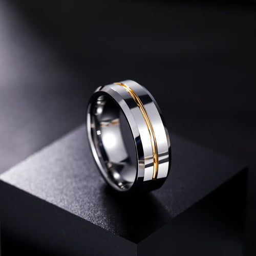 Load image 1 in gallery view. 24K Gold Plated 8mm Wedding Band Customized High Polished Gold Inlay Tungsten Carbide Ring for Men