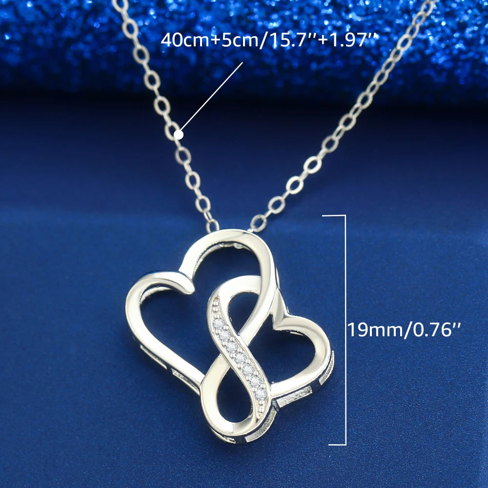 Charm Love Silver Color Inlaid Zircon Heart Necklace Interwoven | Double Heart Pendant Clavicle Chain | Infinity Heart Necklace | Necklace for Valentine’s Day, Anniversary &amp; Everyday Wear