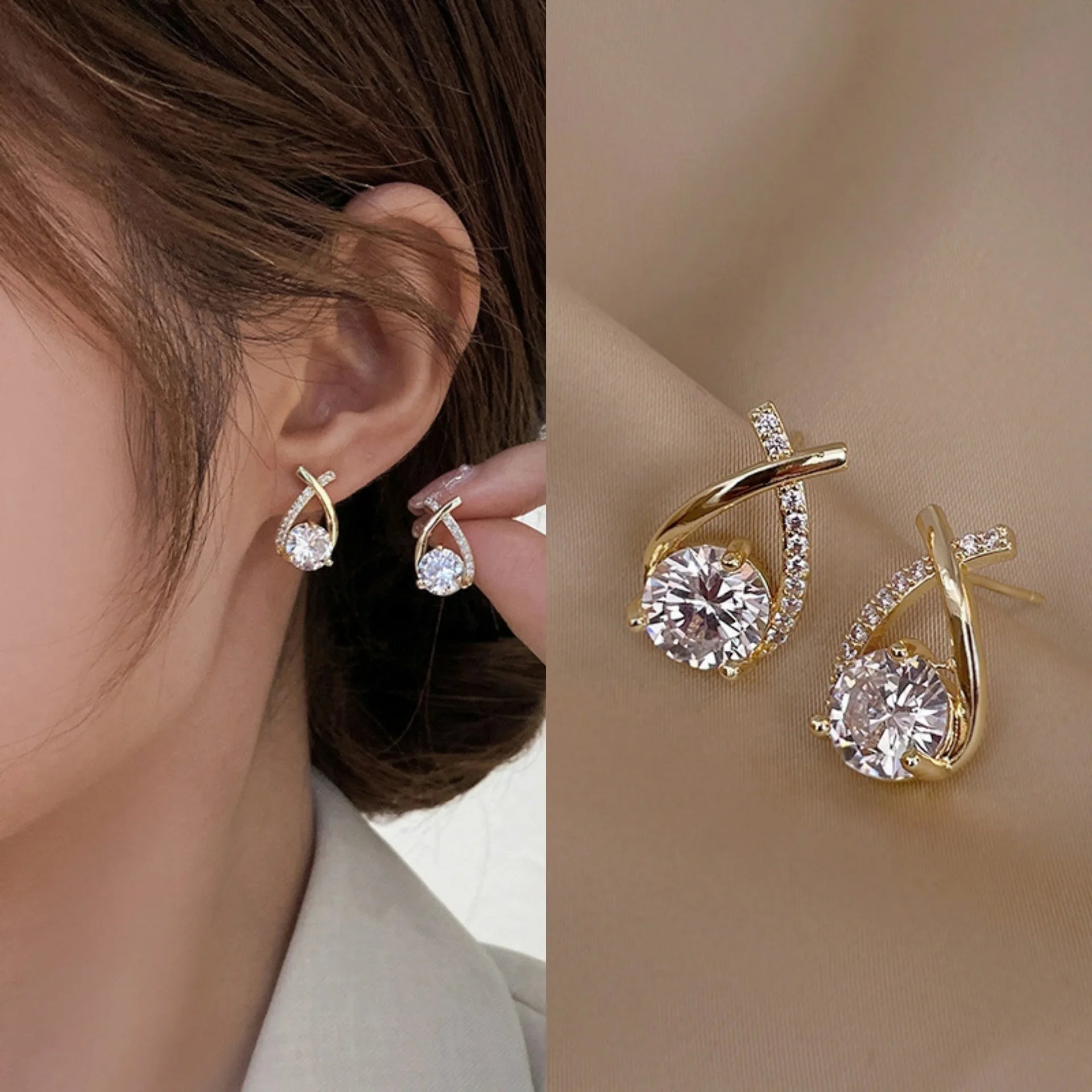 Gold Plated Geometry Cross-Cutting Water Drop Shape Diamond Earring