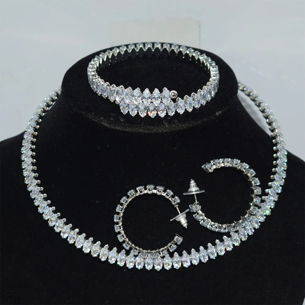 Customized Four-Piece Fine Jewelry Set Full Diamond Zircon Open Collar Style Gold Oval Zircon Earrings Bracelet Necklace