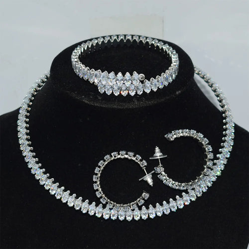 Load image 1 in gallery view. Customized Four-Piece Fine Jewelry Set Full Diamond Zircon Open Collar Style Gold Oval Zircon Earrings Bracelet Necklace