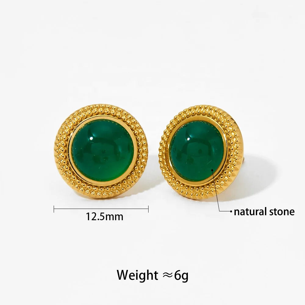 Gold Plated  Vintage Stud Earrings with Natural Stone Ball Design Waterproof