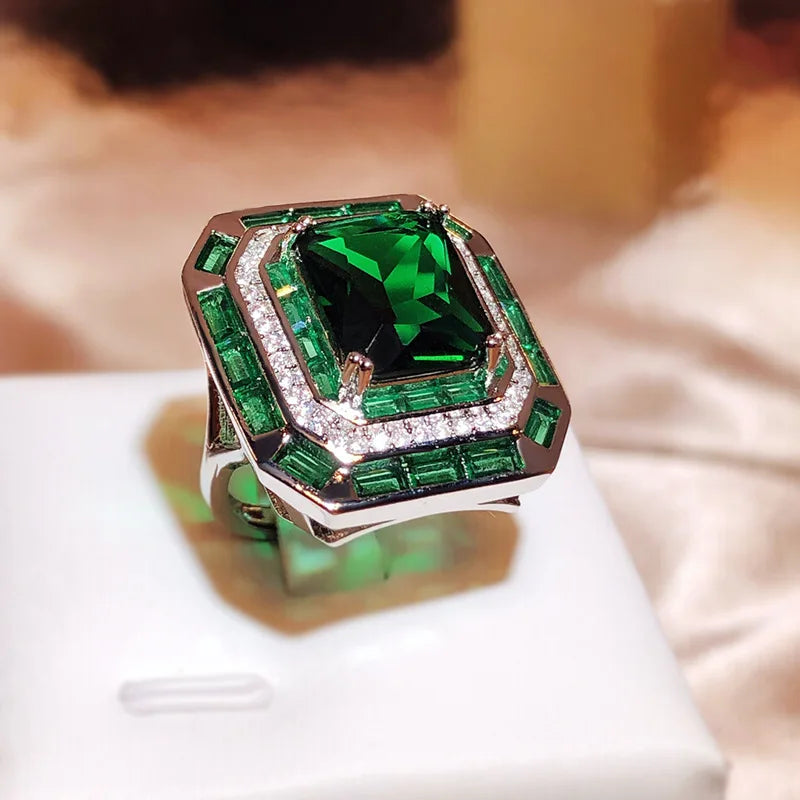Geometric Shape Green Big Zircon Ring and Necklace