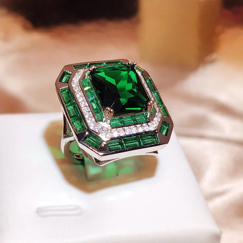 Load image 1 in gallery view. Geometric Shape Green Big Zircon Ring and Necklace