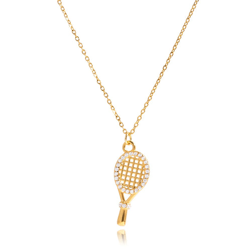Load image 1 in gallery view. 18K Gold Plated Necklace Classic White Zircon Tennis Racket Pendant Necklace for Women and Kids