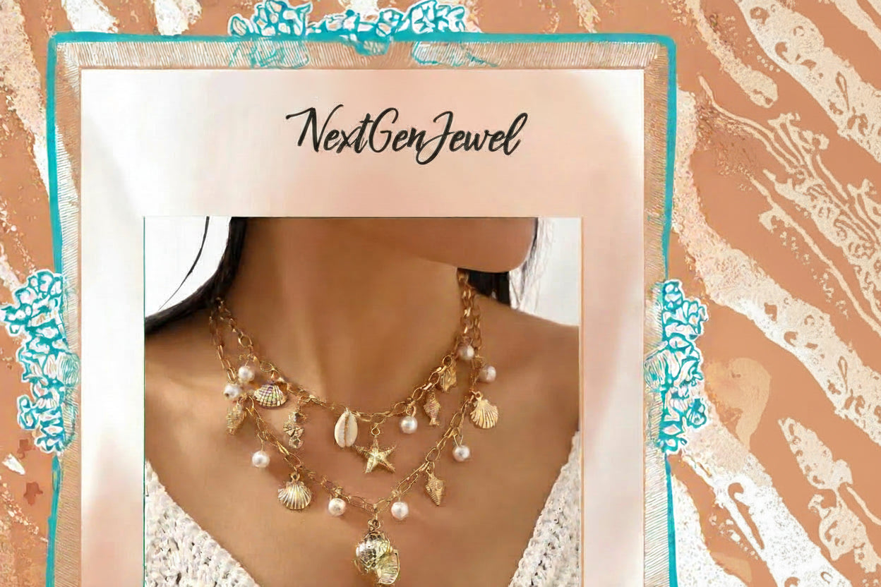 Layered Pearl Necklace with Gold Ocean Starfish Shell Tassel Beach Pendant for Women
