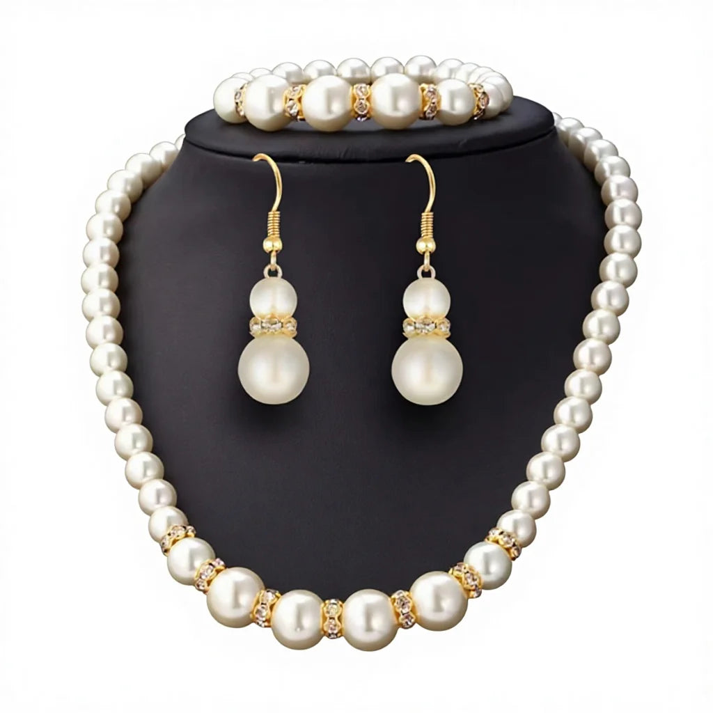 Gold Plated White Pearl Jewelry Set Necklace Earrings and Bracelet for Women