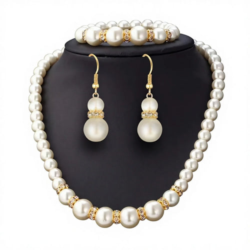 Load image 1 in gallery view. Gold Plated White Pearl Jewelry Set Necklace Earrings and Bracelet for Women