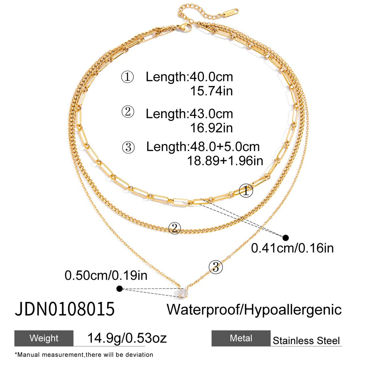 Three Layers Cuban Paper Clip O Shape Chain CZ Cubic Zircon Necklace