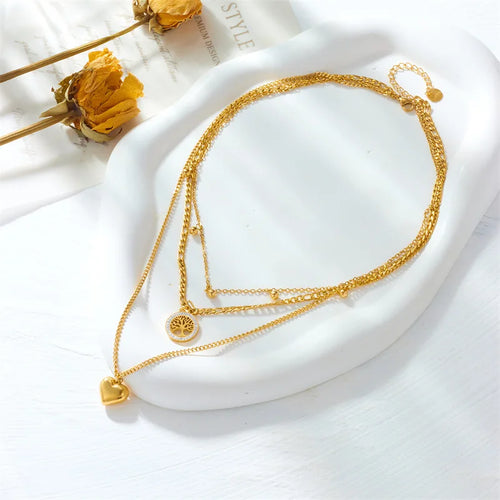 Load image 1 in gallery view. Gold Plated Round Sign Heart Tree of Life Pendant Multi-layer Necklace