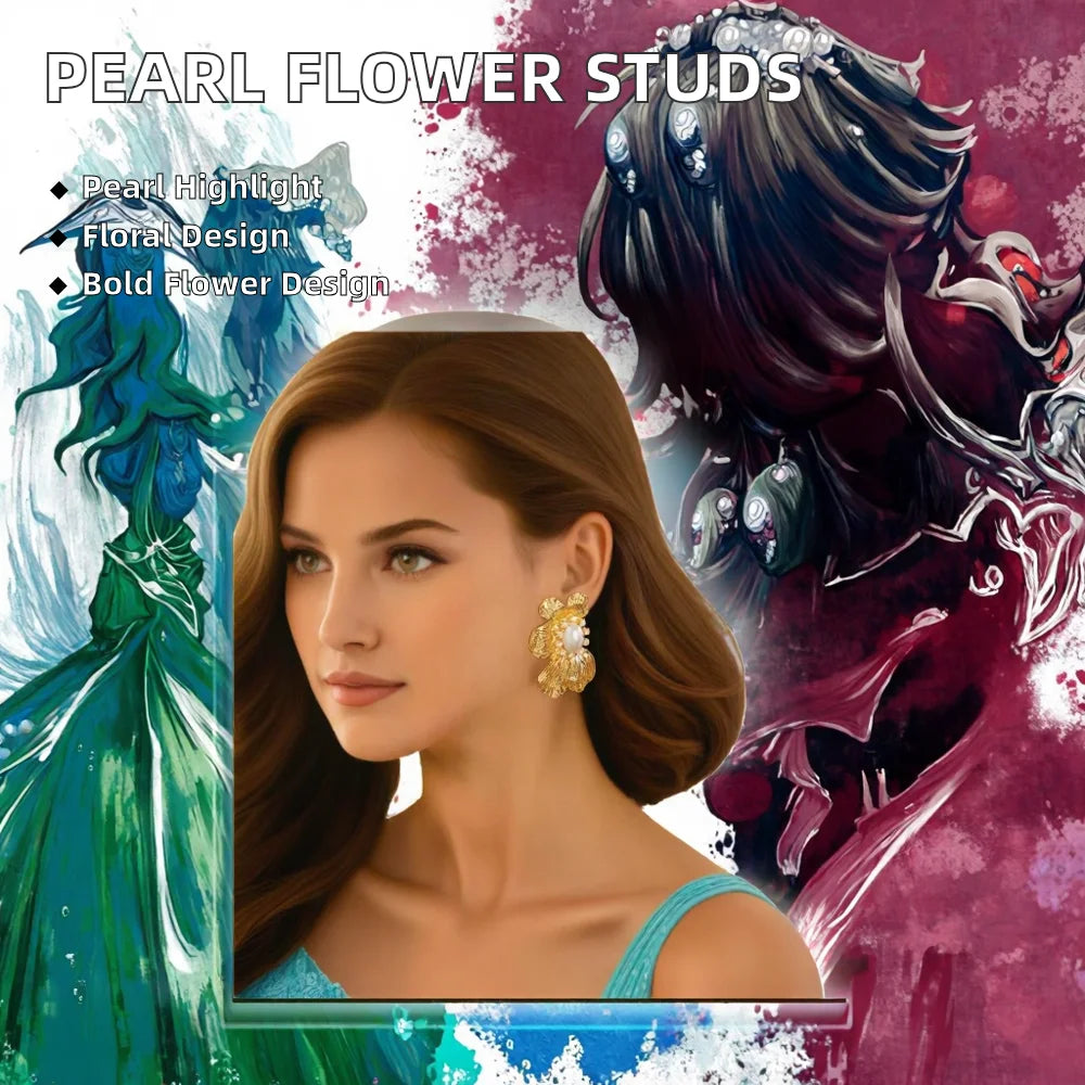 Pearl Stud Earrings Large Flower Retro Style for Woman Party