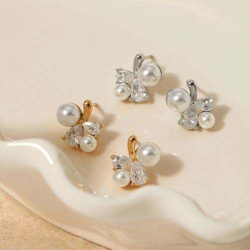 Load image 1 in gallery view. Gold and Silver Plated Pearl Zircon Minimalist Hypoallergenic Waterproof Stud Earrings