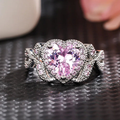 Load image 1 in gallery view. Elegant Butterfly Knot Design Heart Shaped Dazzling Pink Crystal Zircon Ring for Women