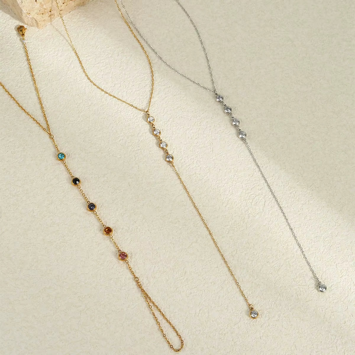 Silver Stainless Steel Y Necklace Crystal Zircon Fringe Pendant Jewelry