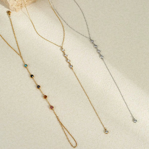 Load image 1 in gallery view. Silver Stainless Steel Y Necklace Crystal Zircon Fringe Pendant Jewelry