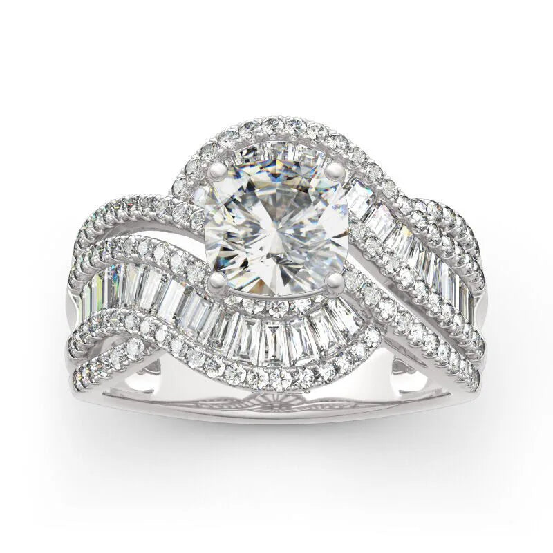 Silver Plated Twist Design Brilliant Round Zircon Rings for Women Wedding Engagement