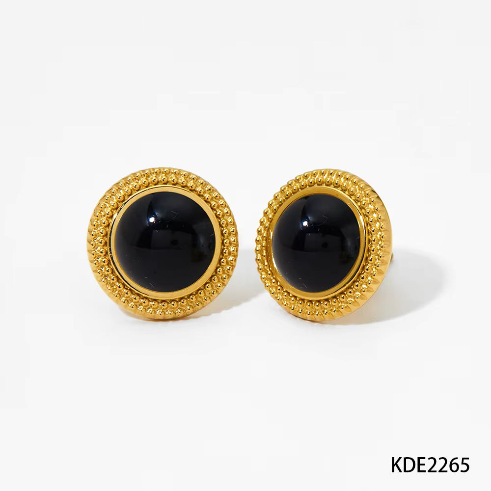Gold Plated  Vintage Stud Earrings with Natural Stone Ball Design Waterproof